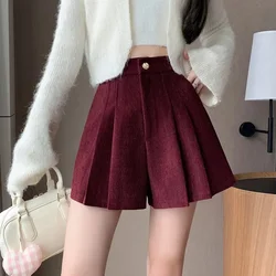 Korean Style Lady Fashion Pleated Shorts Skirts Women New Autumn Winter High Waist Wool Blend Shorts Woman Woolen Casual Shorts