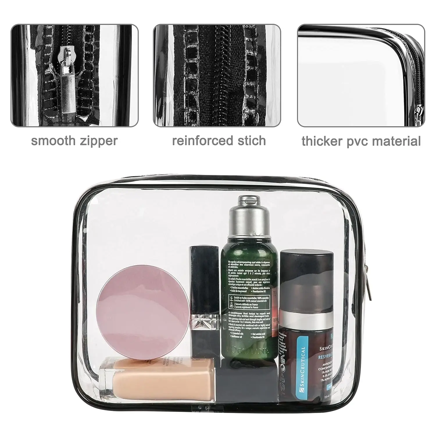 TSA Approved 3 Pcs Cosmetic Makeup Bags Set Clear PVC with Zipper Handle Portable Travel Luggage Pouch Airport Airline Vacation