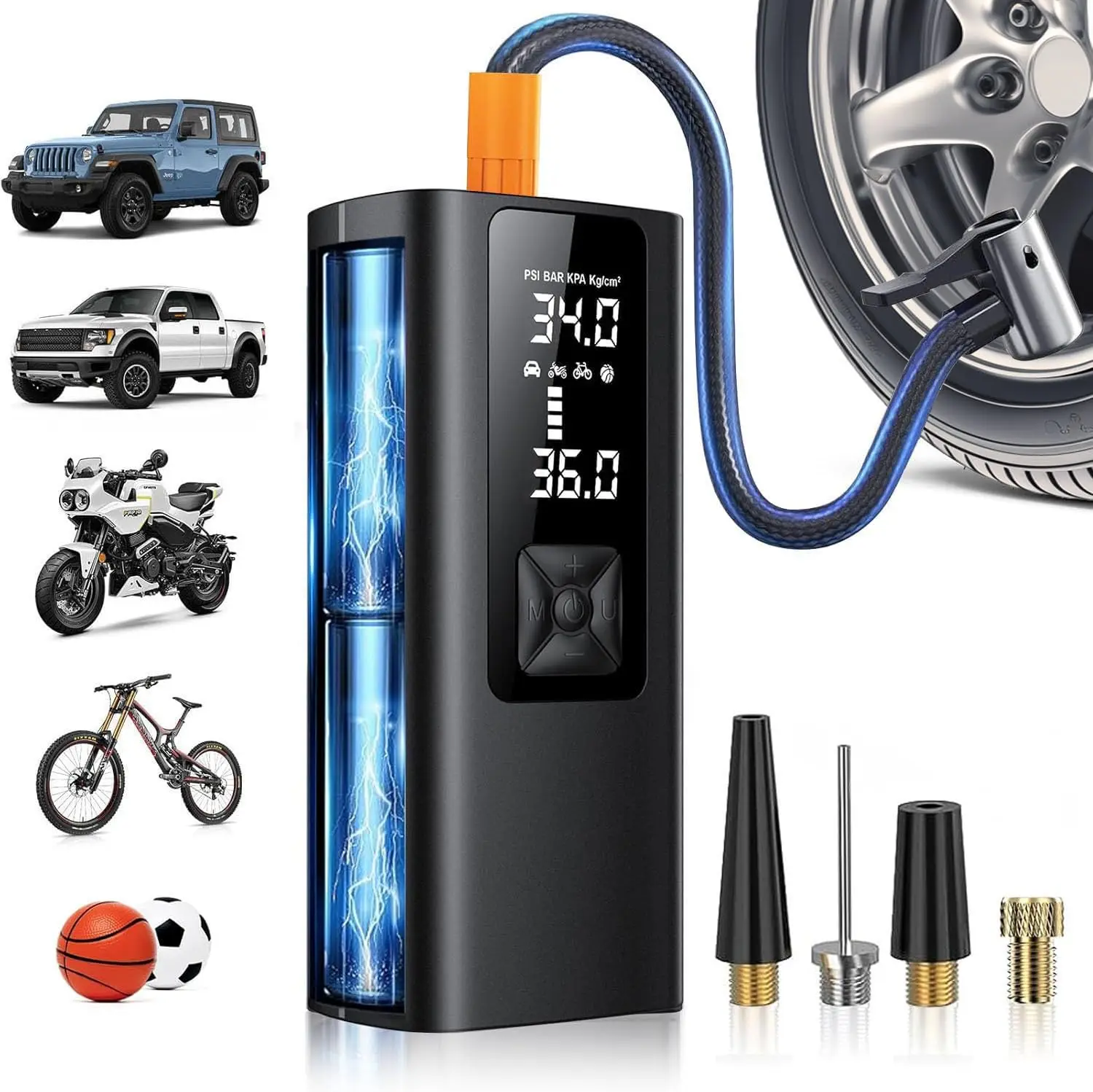 

Portable Tire Inflator 150 PSI Cordless Air Pump with Gauge, LCD Screen, Auto Stop & LED Light for Car, Bike, Motorcycle