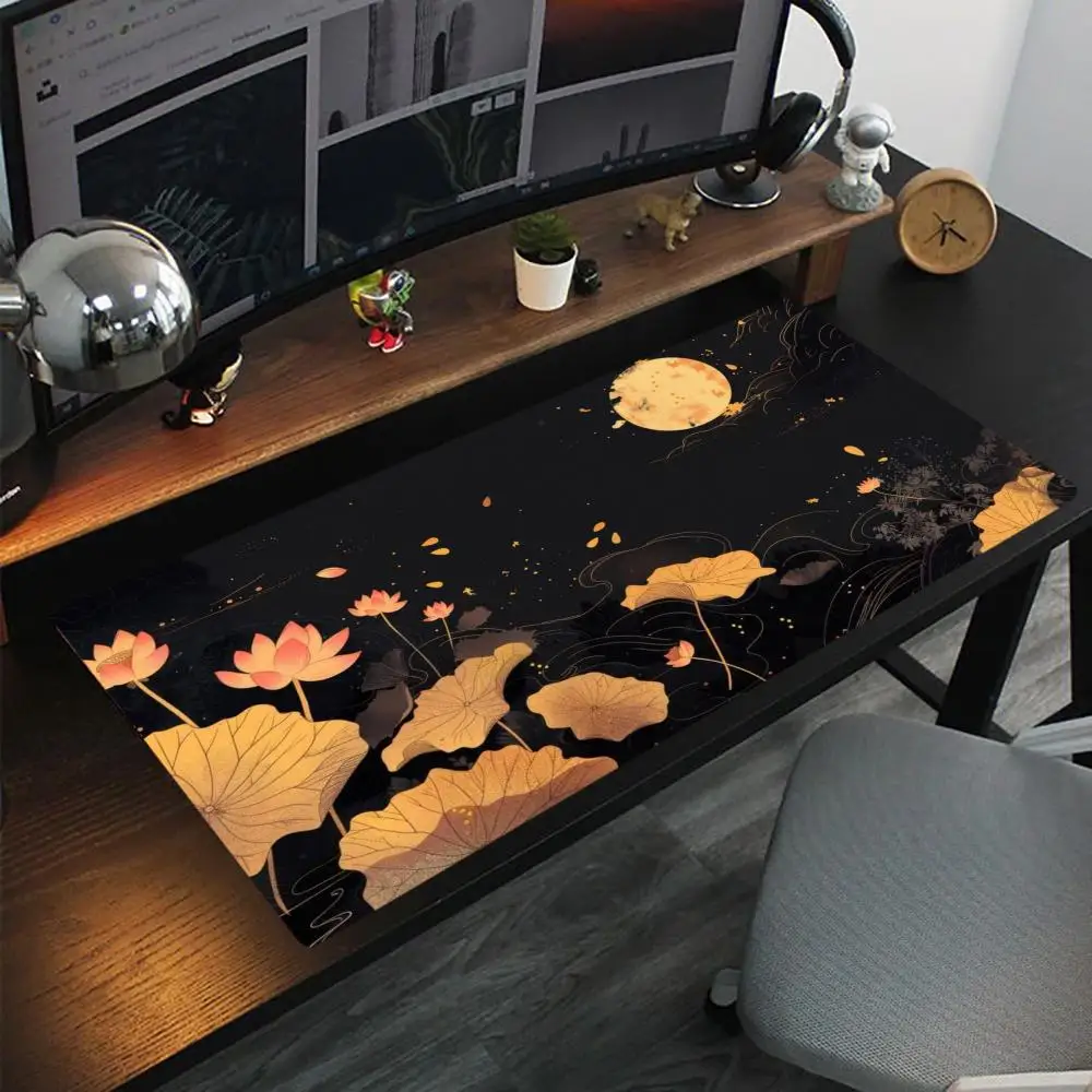 

Черное золото Moonlit Lotus Pond Нескользящий моющийся коврик для мыши с резиновым дном, подходящий для работы, игр и офиса Коврики для мыши