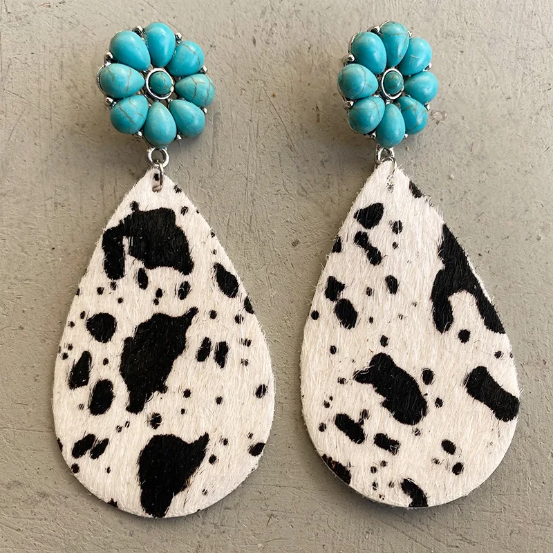 European and American Western Leopard Cow Pattern Leather Earrings Bohemian Horsehair Turquoise Pumpkin Flower Simple Earrings