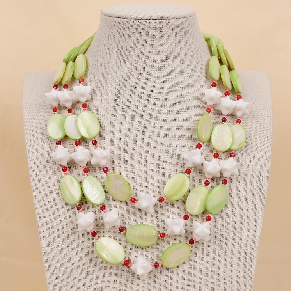 APDGG NO60 Handmade 3 Rows Natural Mix Stone Green Shell White Porcelain Gems Multi Strands Necklace