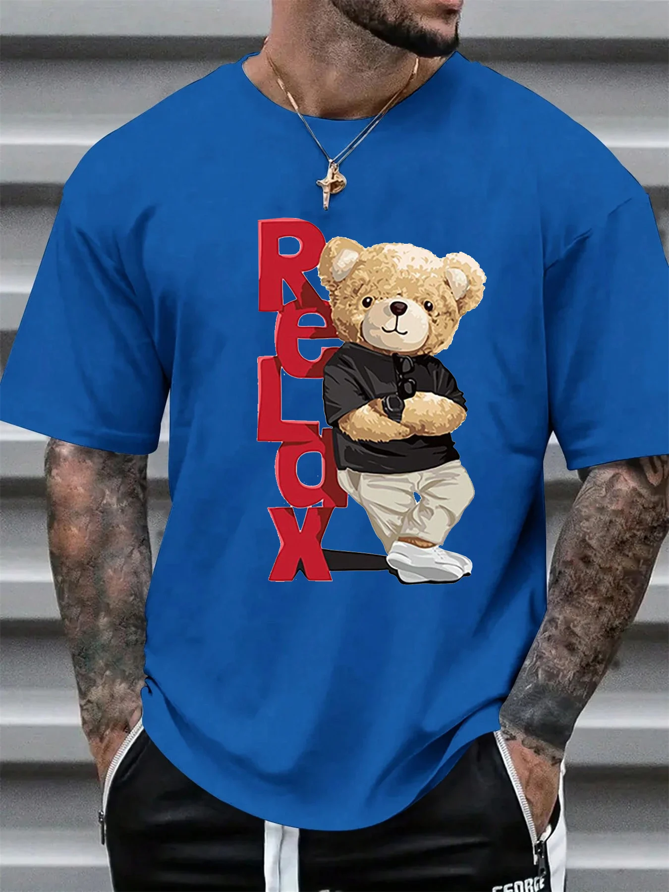 Men's Summer 100% Cotton Fashionable Casual Loose Large Size Letter Bear Printed Sports Round Neck Short Sleeve T-shirt Top image 6