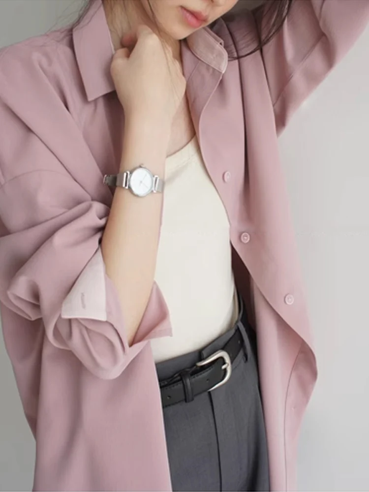 اللون حجب تصميم الشعور طويلة الأكمام فضفاضة تناسب قميص لينة التلبيب الربيع أعلى غير التجاعيد مثالية للنساء TT204 #5