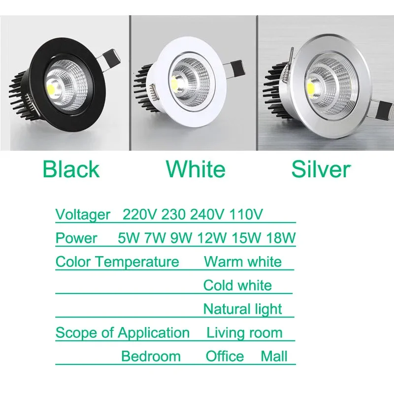 Faretti LED COB da incasso dimmerabili 5W 7W 9W 12W 15W 18W Faretti regolabili ad angolo AC85 ~ 265V Lampada da soffitto a LED Illuminazione per interni