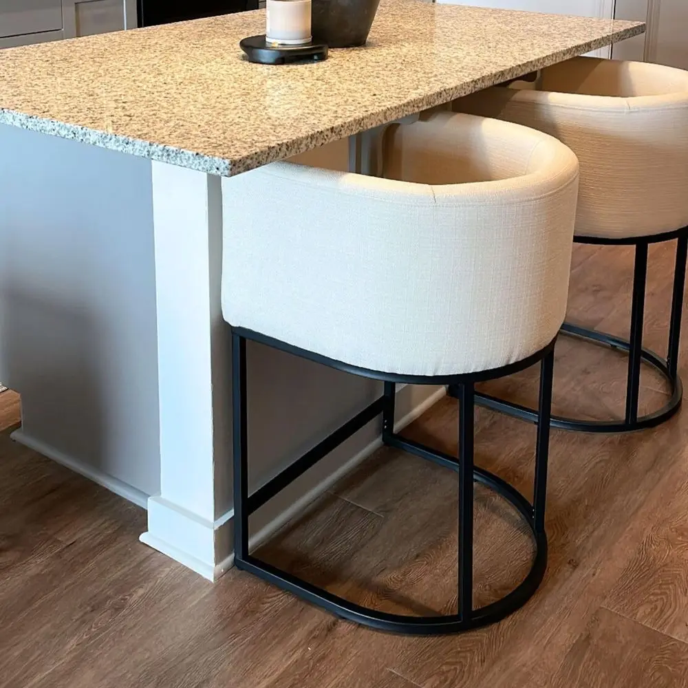 

Counter Height Bar Stools Set of 2, Modern Barrel Bar Stools with Arm, Upholstered Linen Counter Stools Bar Chairs with Black Me