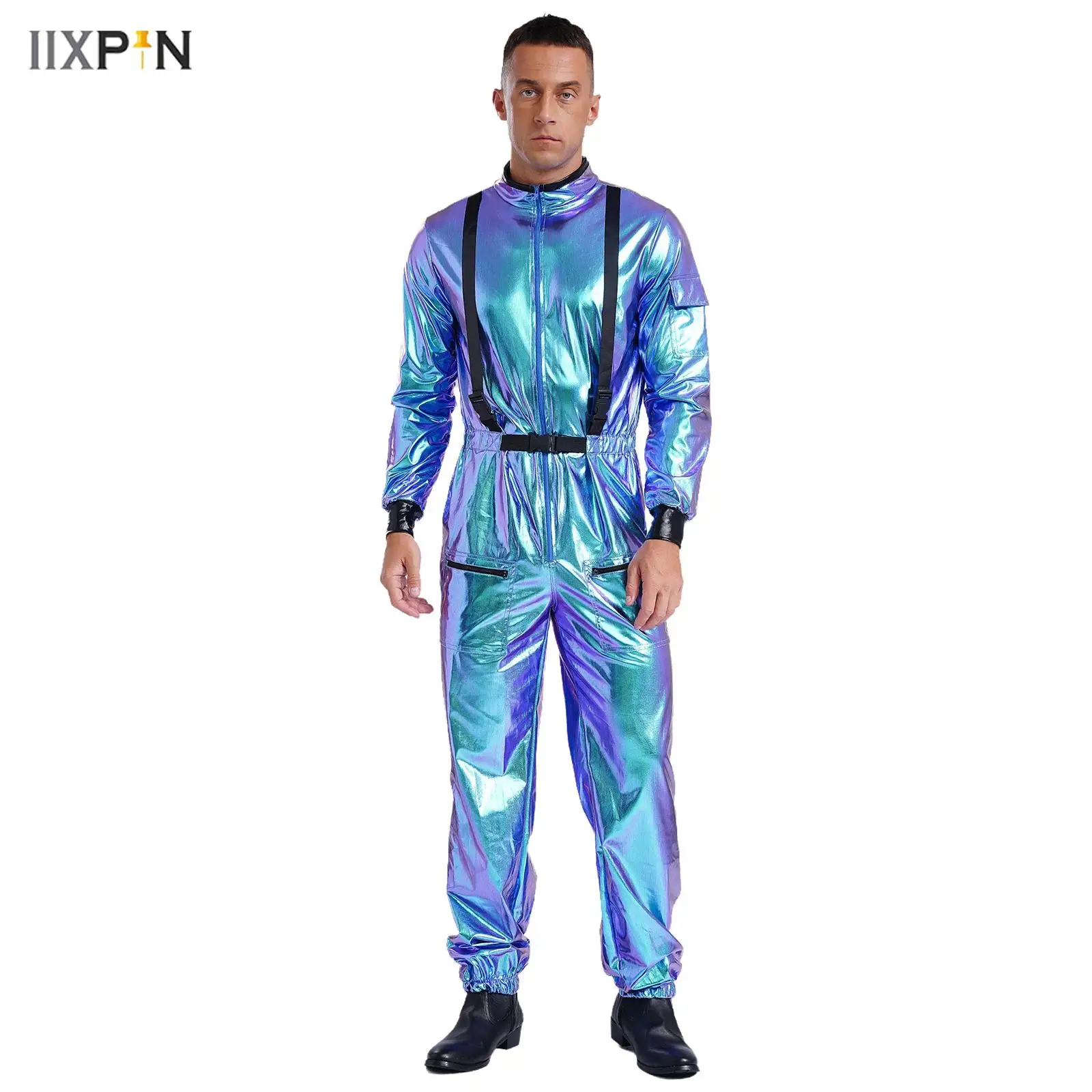 

Mens Astronaut Jumpsuits One-piece Silver Space Suit for Halloween Carnival Cosplay Costume Metallic Shiny Long Sleeve Bodysuit