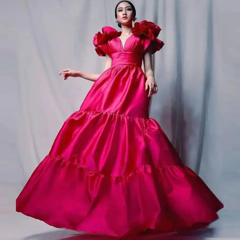 

Elegant Fashion Fuchsia V Neck Evening Dresses With Shoulder Flowers A Line Satin African Women Party Gown