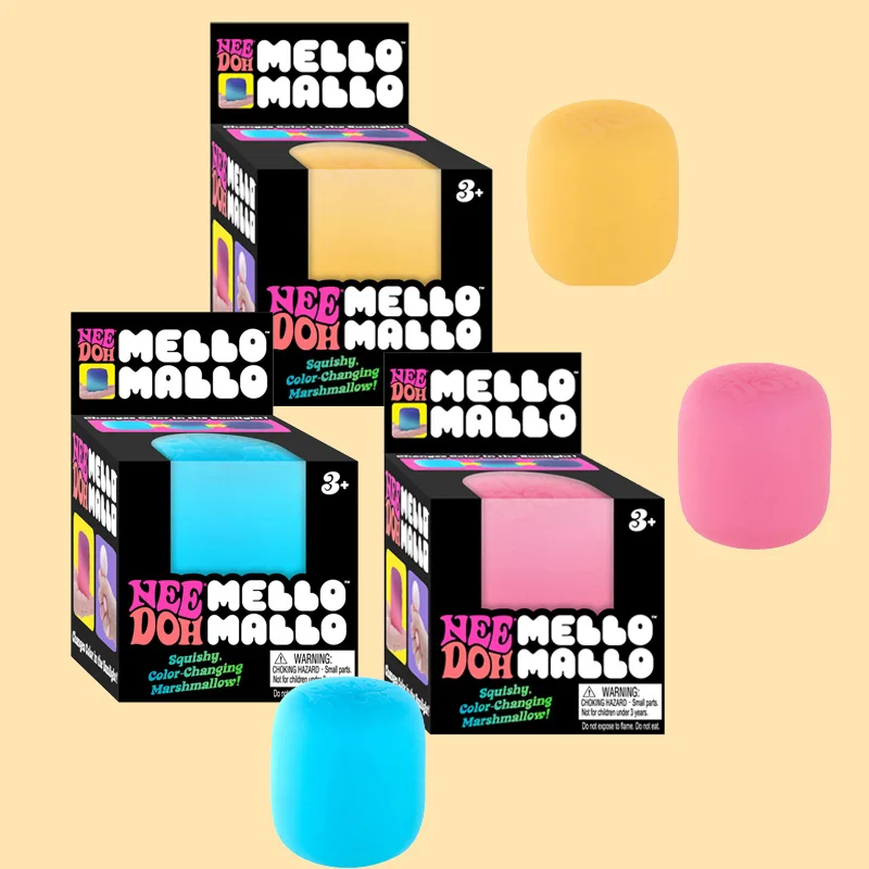 Needoh Mello Mallo Squishy Toy Yellow Marshmallow Stretchy Rebound Squeeze Soft Touch Non Toxic TPR Material Gift for Adults