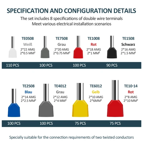 Imagen 2 del producto Kit de casquillos de doble extremo de alambre, 750 Uds., casquillos de extremo de doble cable confiables multiusos con caja, fácil de usar para conexión de cables