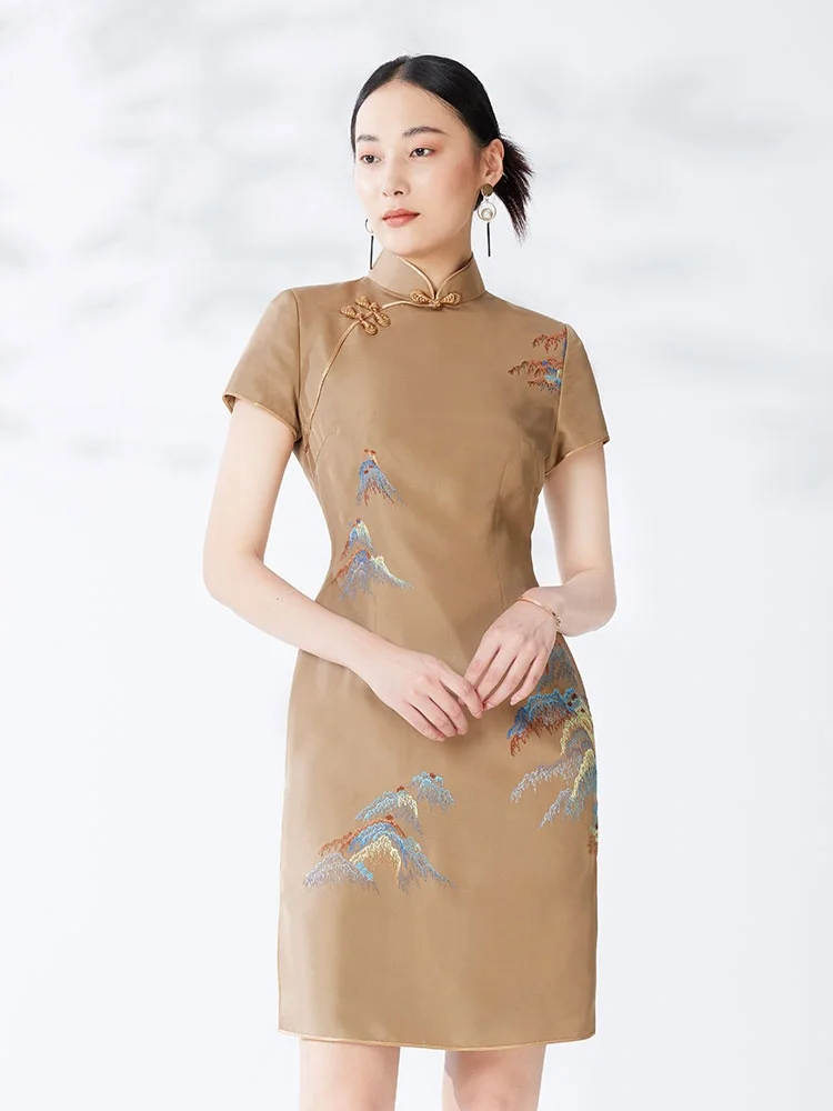 

Шелковая женская блузка ручной работы с вышивкой, винтажная, приталенная, с высоким воротником, с низким разрезом, для повседневной носки, весна 2023