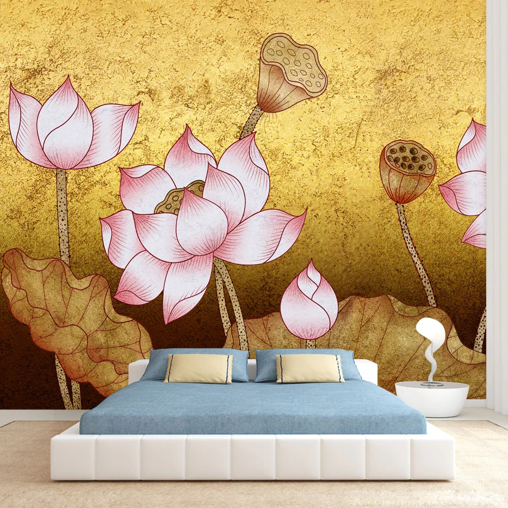 

Custom Self Adhesive Accepted Wall Covering Papers Home Decor Wallpaper for Living Room TV Water Lily Lotus Yellow Murals Prints