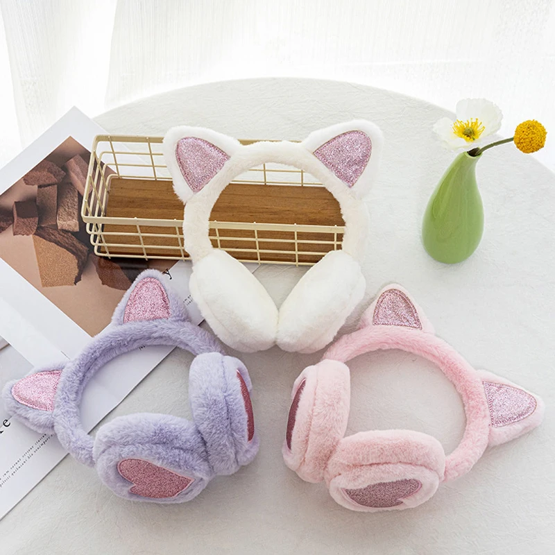 Sequins Love Heart Winter Warm Earmuffs Plush Retractable Cat Ears Kids Ear Warmers