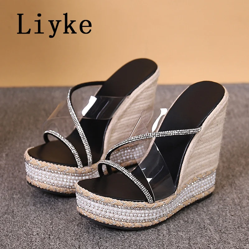 Liyke Plus Size 34-42 Wedges Shoes For Women 2024 Fashion Open Toe PVC Crystal Platform High Heels Modern Slippers Female Sandal