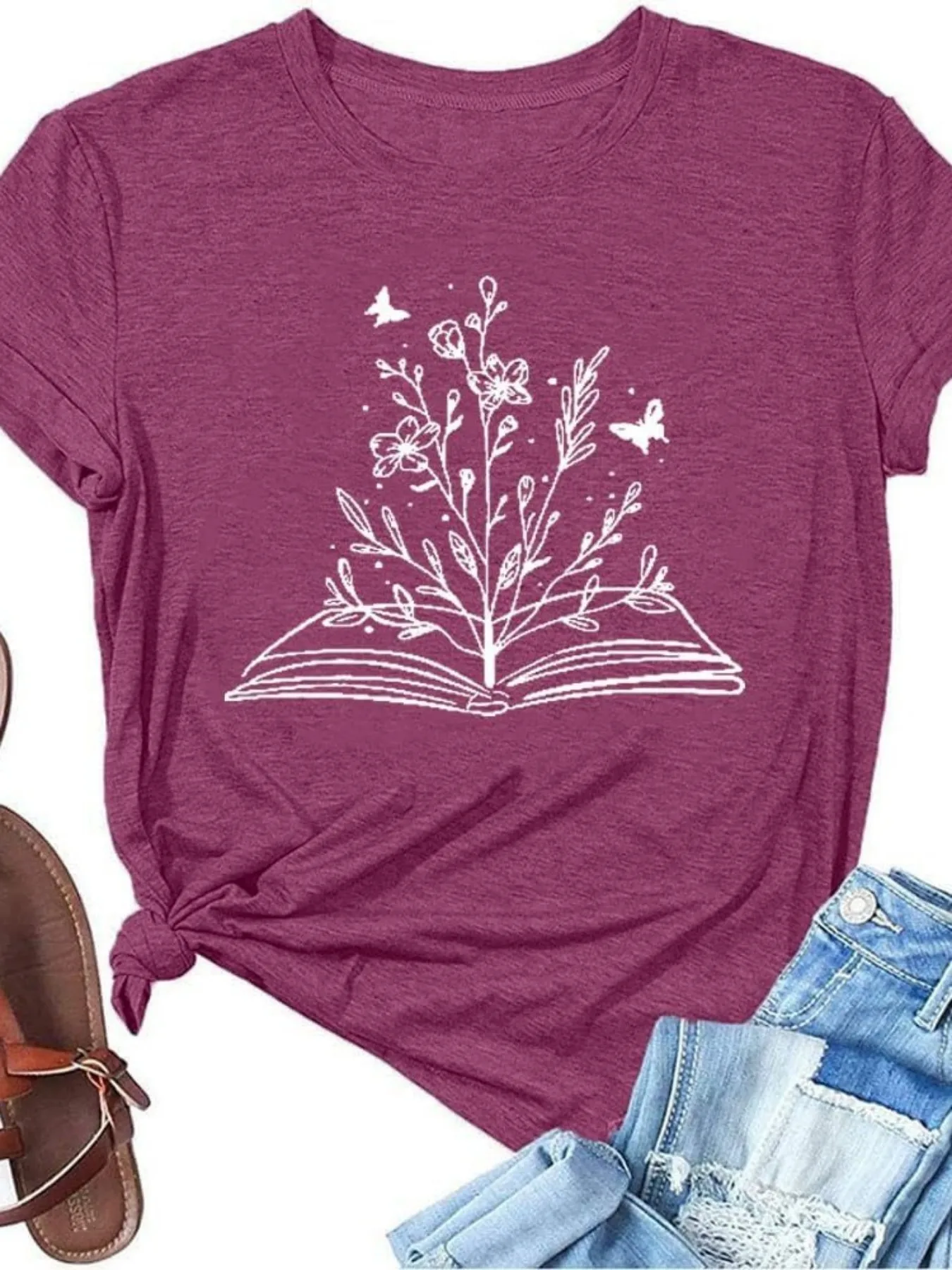 Plus size women's short sleeve T-shirt Open Book With Flowers And Butterflies Everyday comfortable versatile style summer