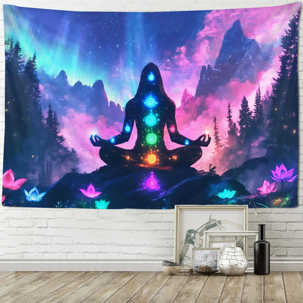Bohemian Style Chakra Forest Tapestry Wall Hanging Meditation Tree Spiritual Decor for Living Room Unique Gift Idea