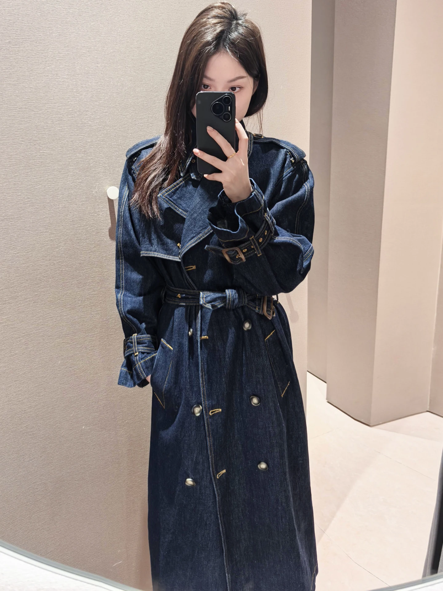 Cappotto lungo in denim premium Jaet Autunno Inverno Capispalla Faion da donna Taglio dritto Design semplice con cintura Marchio cinese