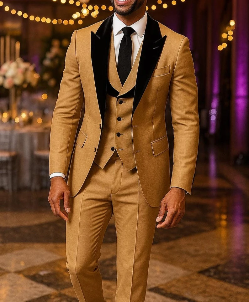 

Men's Sand Color 3-Piece Suit Shawl Lapel