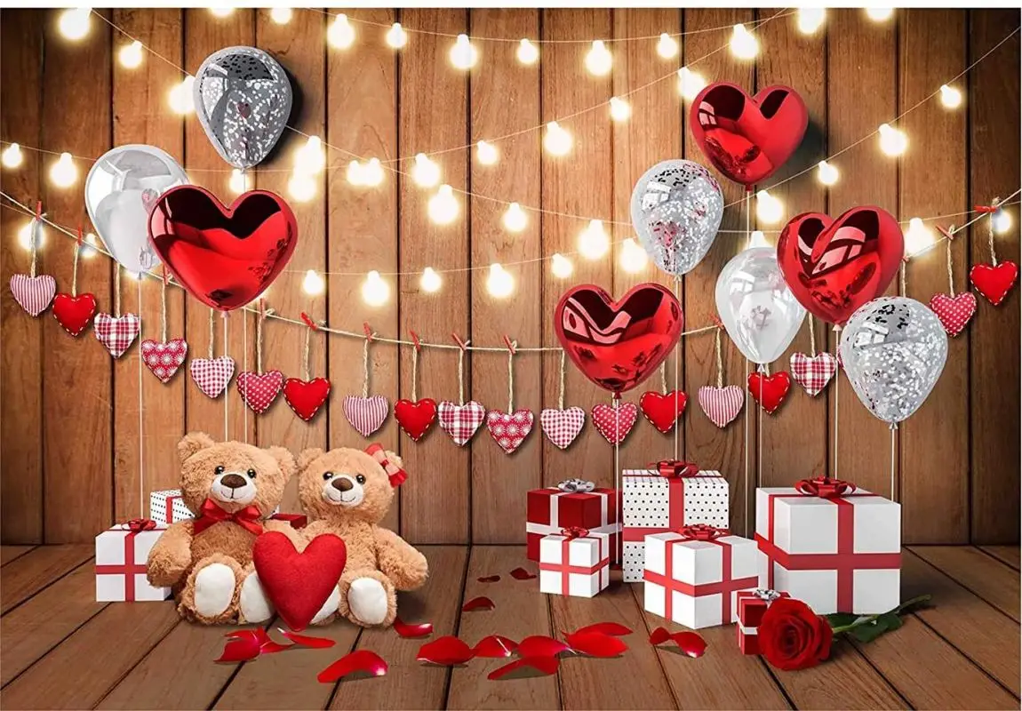 Valentine's Day Balloons Gift Photography Backdrop Wood Love Heart Toy Bear Decorations Background Birthday Banner Photo props