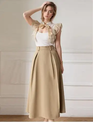 Elegante moda Casual kaki gonna a trapezio per le donne 2024 autunno vita alta lavoro ufficio OL gonne Midi Lady