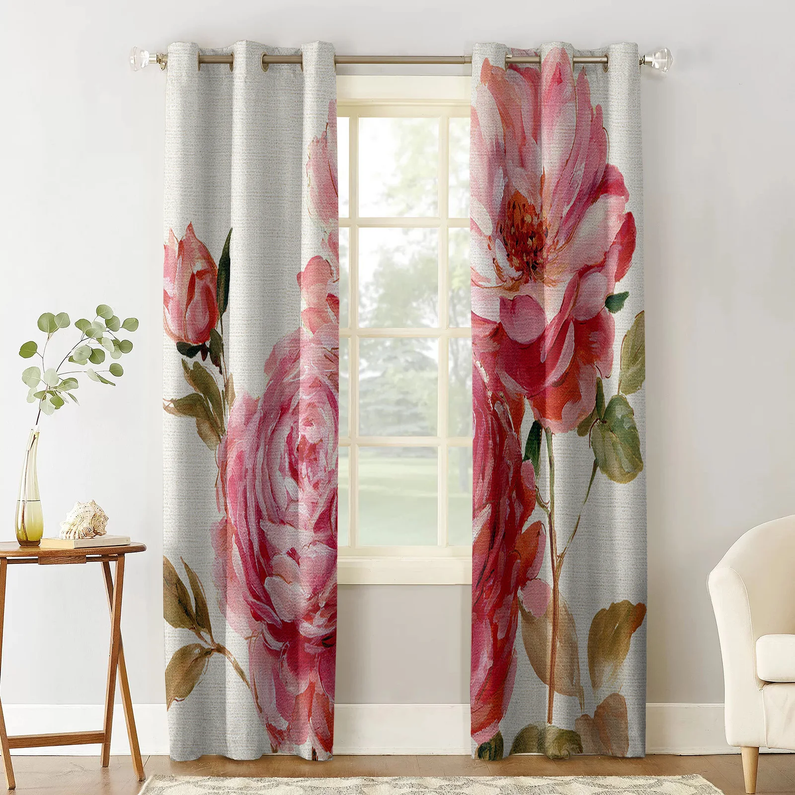 Vintage Flower Text Peony Print Curtains For Kitchen Bedroom Window Treatment Curtains for Living Room Home Decor Drapes