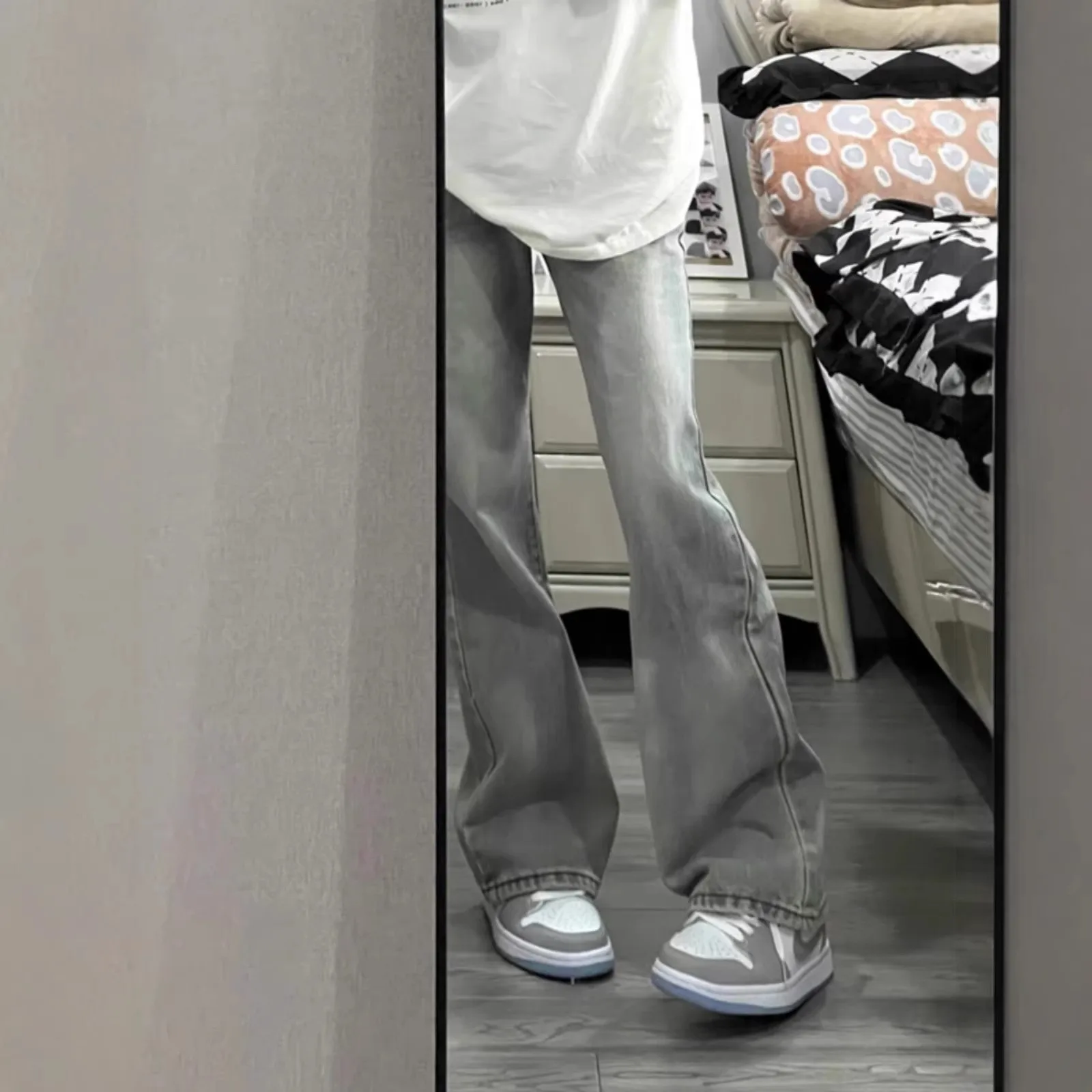 

Retro Smoke Grey Flared Jeans Women's High Street Slimming Straight Leg Trousers Casual Style High Waist Denim Spring Summer