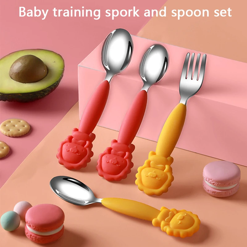 

2Pcs/Set Baby Silicone Spoon Fork BPA Free Safe Children Feeding Utensils Toddler Cartoon Training Tableware Newborn Accessories