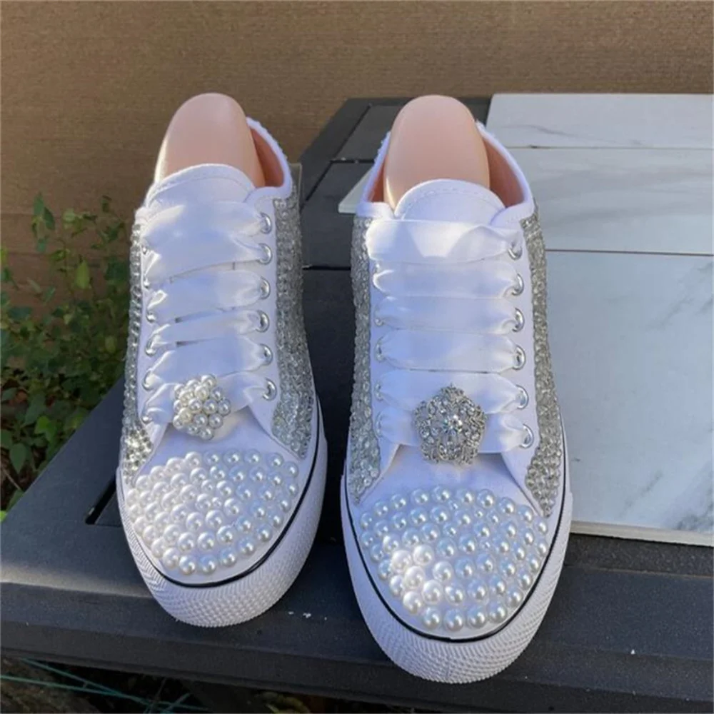 White low-top pearl rhinestones accessories ribbon custom style canvas shoes integrated sports casual shoes women's shoes 35-46