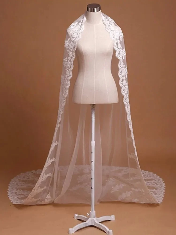 Voile de mariage long blanc ivoire pour patients, appliques de dentelle, filet doux, une couche, cathédrale, nouveau