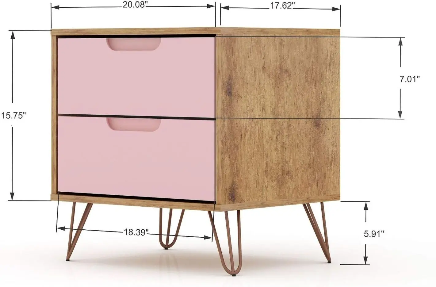 

Manhattan Comfort Rockefeller Mid-Century Modern 3 Drawer Bedroom Dresser with Nightstand, Set of 2, Nature/Rose Pink
