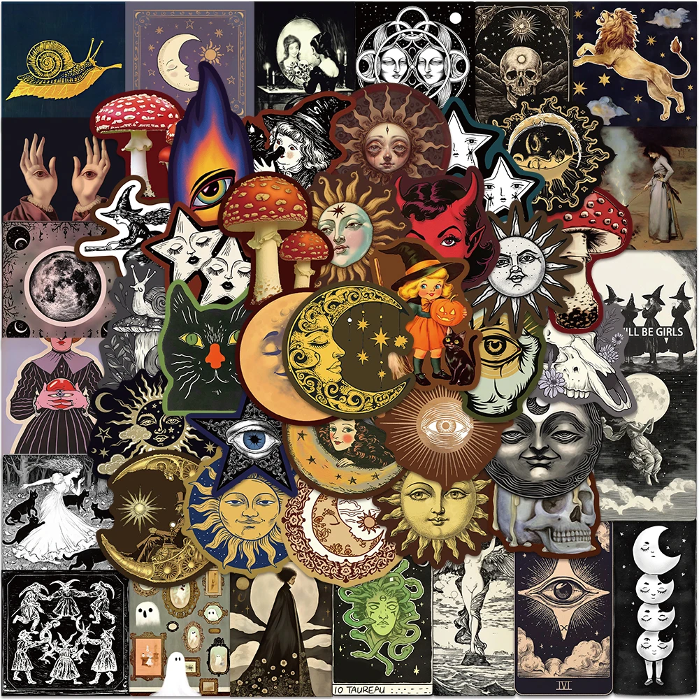 50pcs Gothic Aesthetic Darkness Cartoon Occult Celestial Creepy Stickers For Laptop Luggage Guitar Phone Waterproof Vinyl Decals