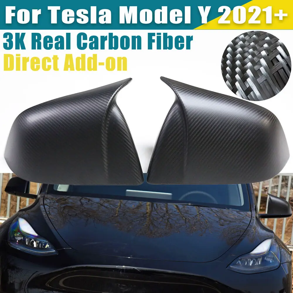 Matte Black 3K Real Carbon Fiber Side Horn Style Side Rearview Door Mirror Casing Covers ADD-ON For Tesla Model Y 2021-2022