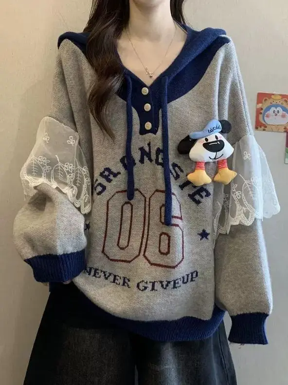 

plus Size 300 Pounds Design Sense Lace Splice Hoodie Knitwear Outerwear Autumn Winter Loose High-End Feeling Top Women's Fashion