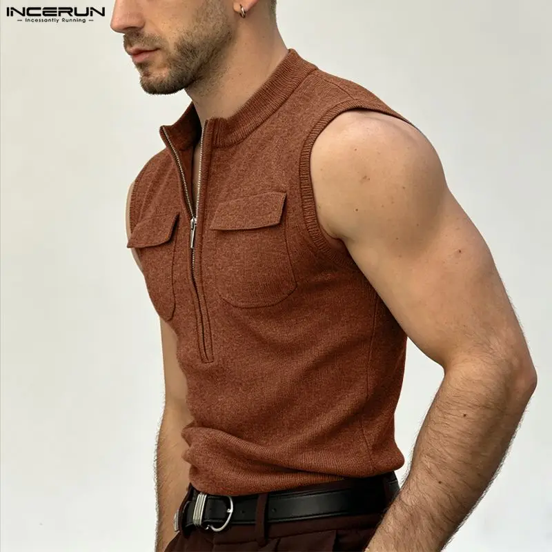 INCERUN Men's Tank Tops Stand Collar Sleeveless Solid Men Clothes Summer Zipper Streetwear 2026 Fashion Casual Tops Male Vests