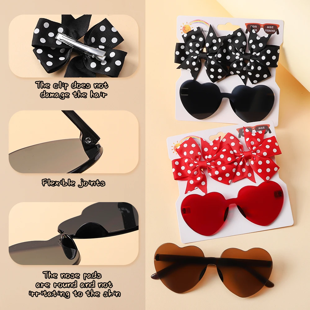 3Pcs/set Kids Cute Solid Dot Hairpin Colorful Heart Sun Glasses Set Girls Boutique Bowknot Hair Clips Children Hair Accessories