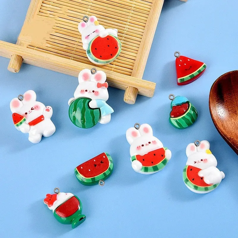 10Pcs Watermelon Rabbit Resin Charms Cute Mini Cabochon Figurine Pendants for Keychain Phone Decor Jewelry Making