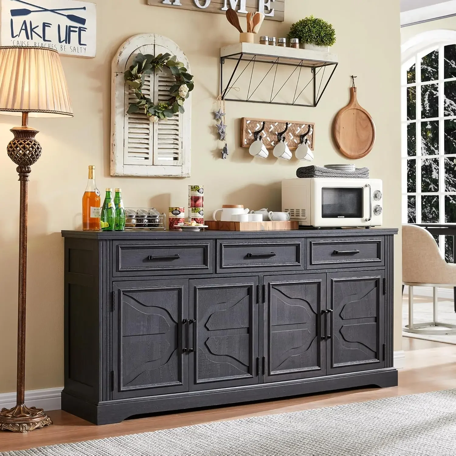 for  Large Buffet Sideboard Cabinet with 4 Doors and 3 Drawers, Buffet Table Coffee Bar Wine Bar Storage Cabinet for Dining Room