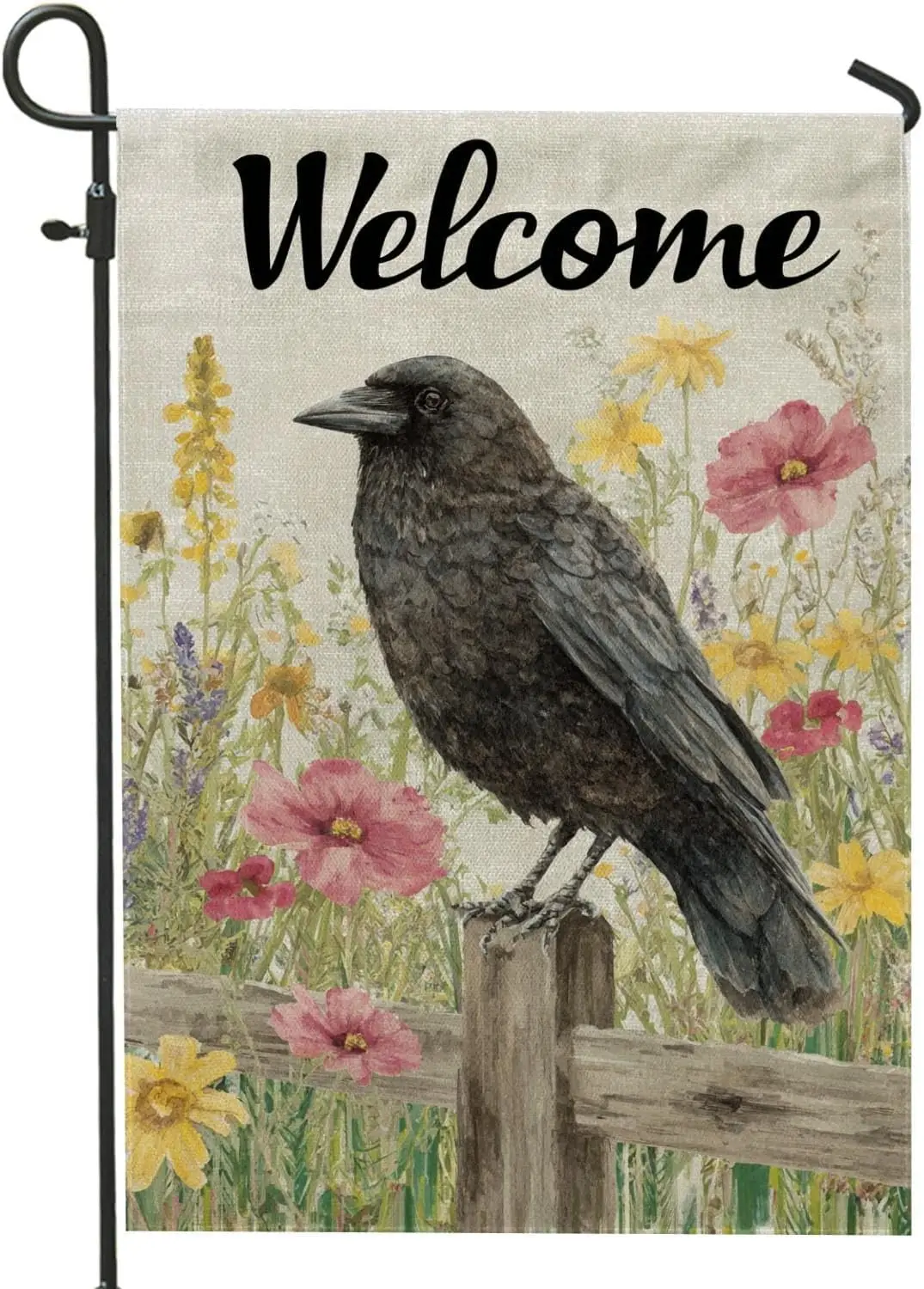 Spring Summer Black Crow Garden Flag, Colorful Floral Home Decor Banner, Double Sided Burlap Outdoor Lawn Decoration 12x18 I zzo