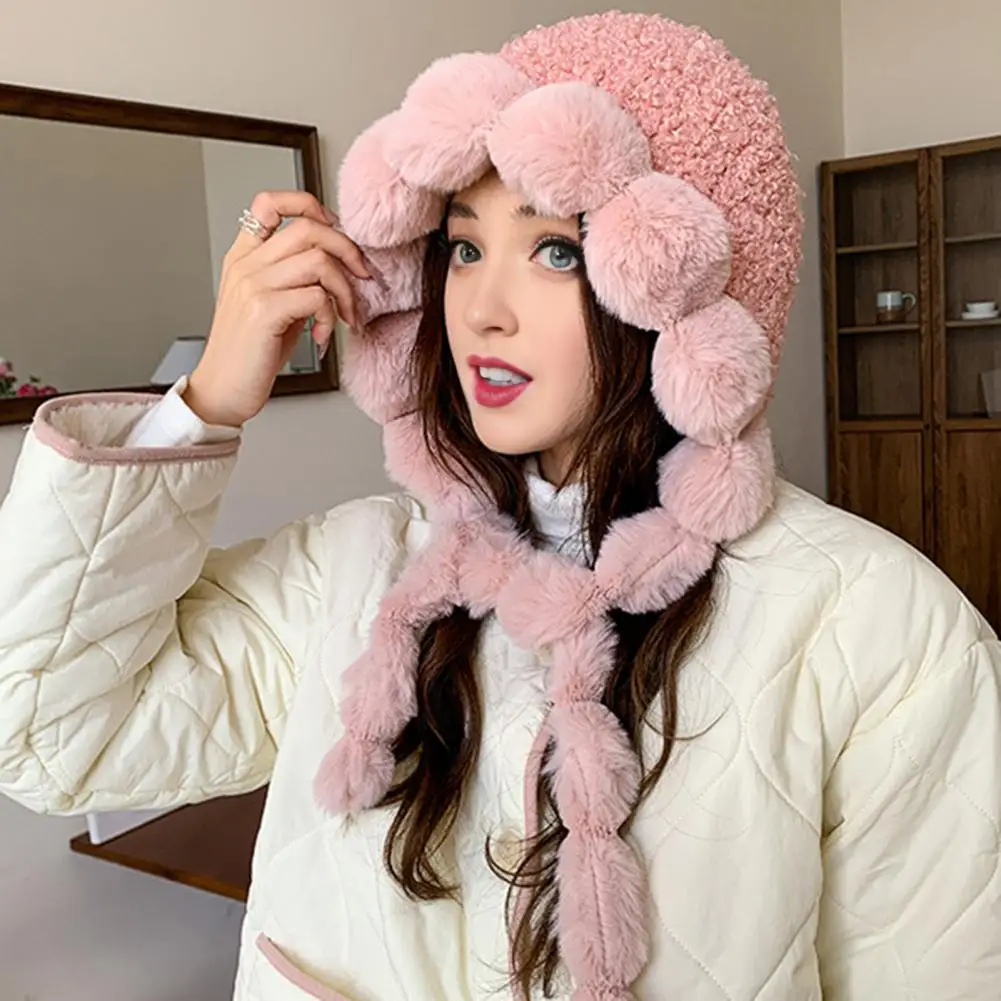 Thermal Knit Hat Winter Lace-up Strap Lei Feng Cap with Plush Lining Ball Decor Windproof Skiing Headwear for Women Outdoor