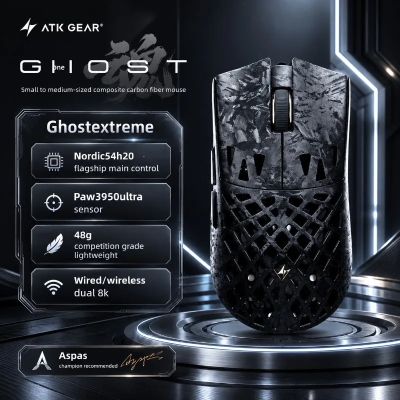ATK GHOST Extreme Wireless Gaming Mouse PAW3950 Ultra 42000 DPI 8K Polling 48g Carbon Fiber Hollow Esports for PC Laptop Gamer