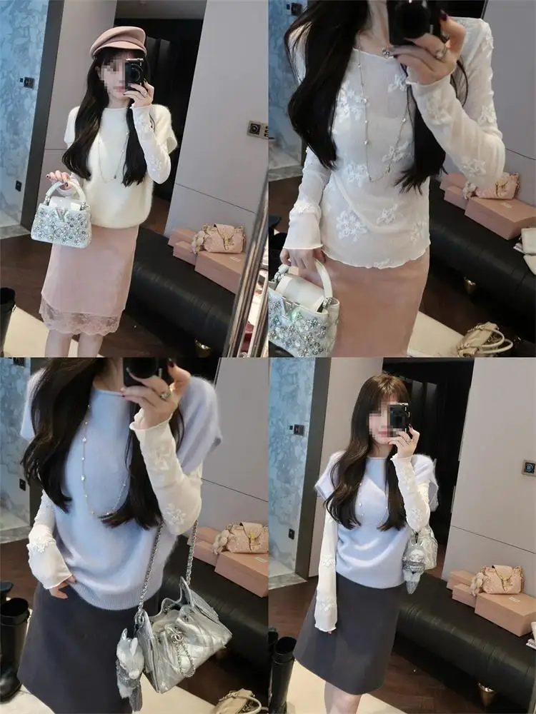 Thai Beauty Heavy Embroidery Lace Inner Design Absolutely Beautiful Base Layer Korean Style Slim Fit Long Sleeve round Neck T...