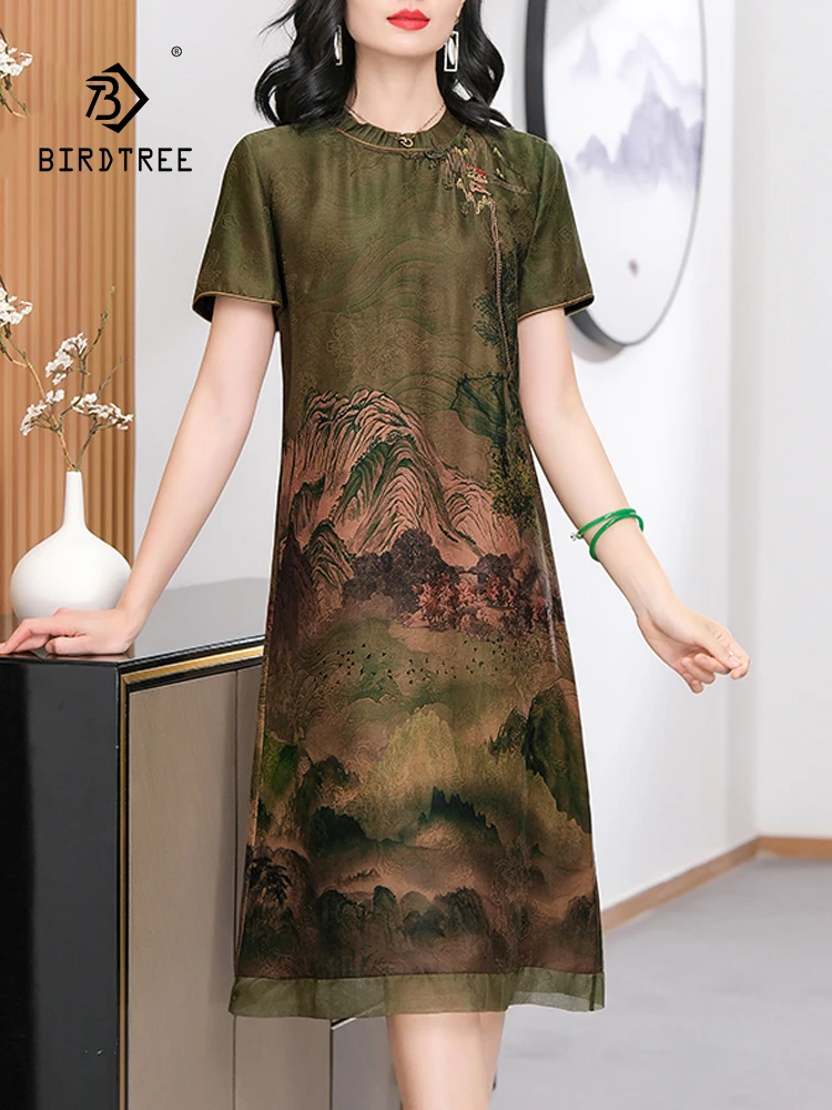 

BirdTree, 100%Real Silk Watered Gazue Elegant Dresses, Women Short Sleeve Printed, Temperament Loose Dress, 2024 Summer D44025QC