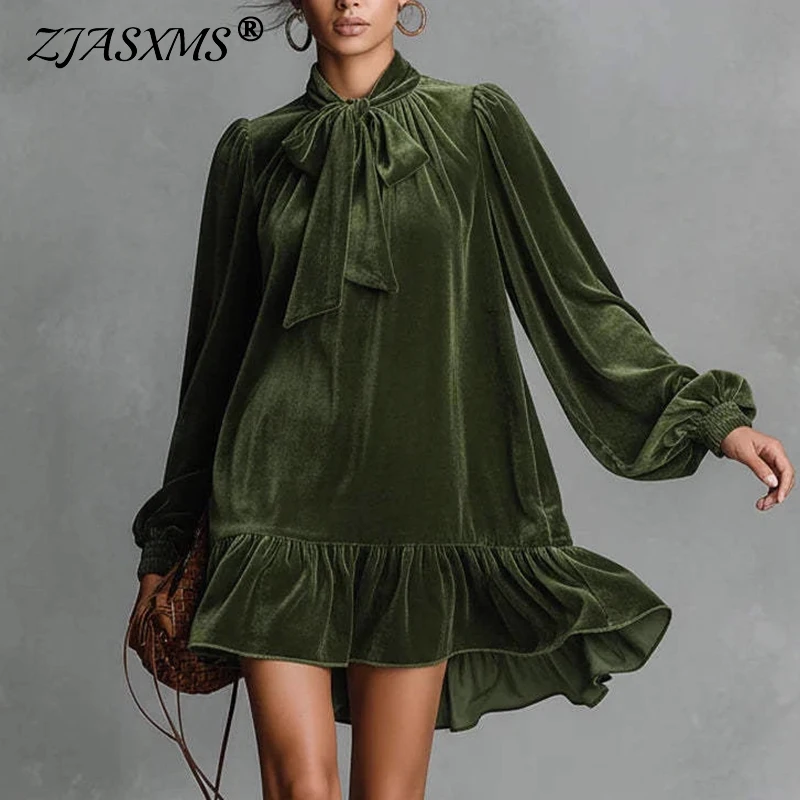 Damska codzienna sukienka z kokardą przy dekolcie, rozkloszowana, plisowana, wiosenna sukienka mini z aksamitu w stylu retro, jesienne luźne sukienki boho z długim rękawem.