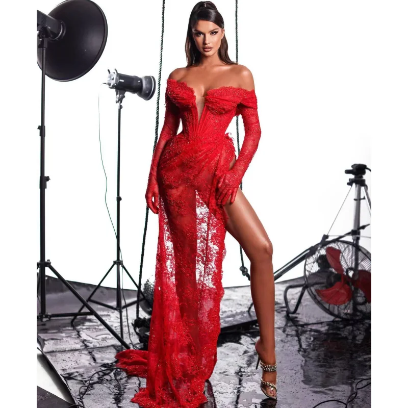 

Fashionable Gloves Strapless Lace High Slit Red Lace Long Dress Celebrity Birthday Party Evening Dress stage Performance Costume