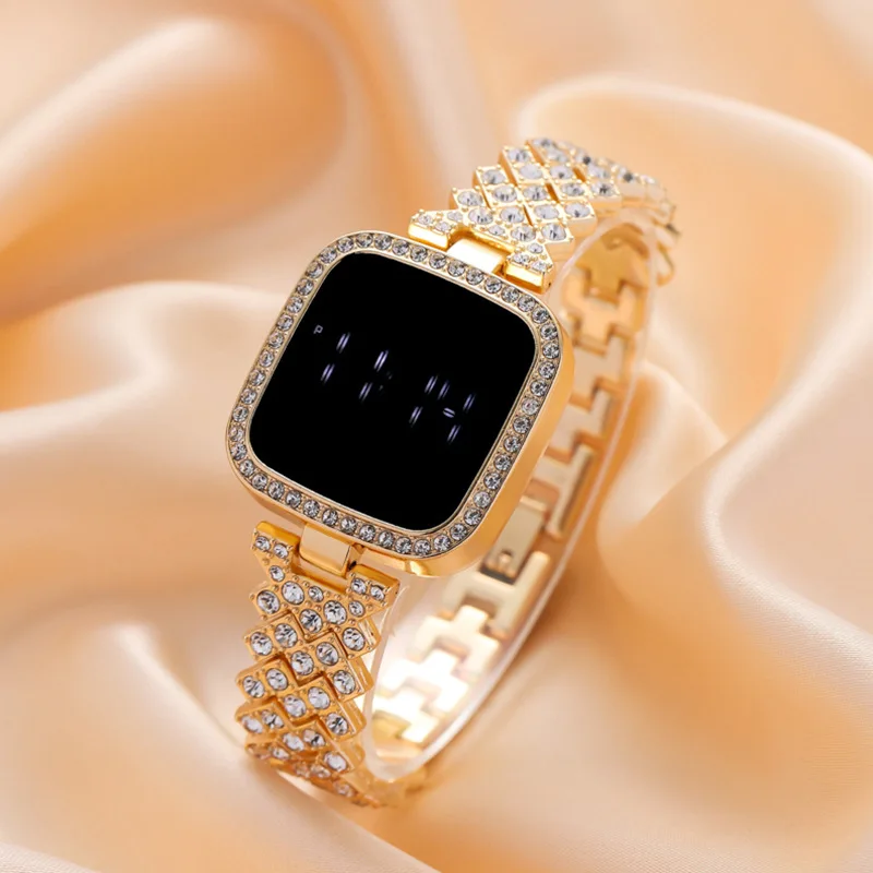 Fashionable square diamond inlaid women's watch, women's watch, LED touch screen electronic watch, wristwatch