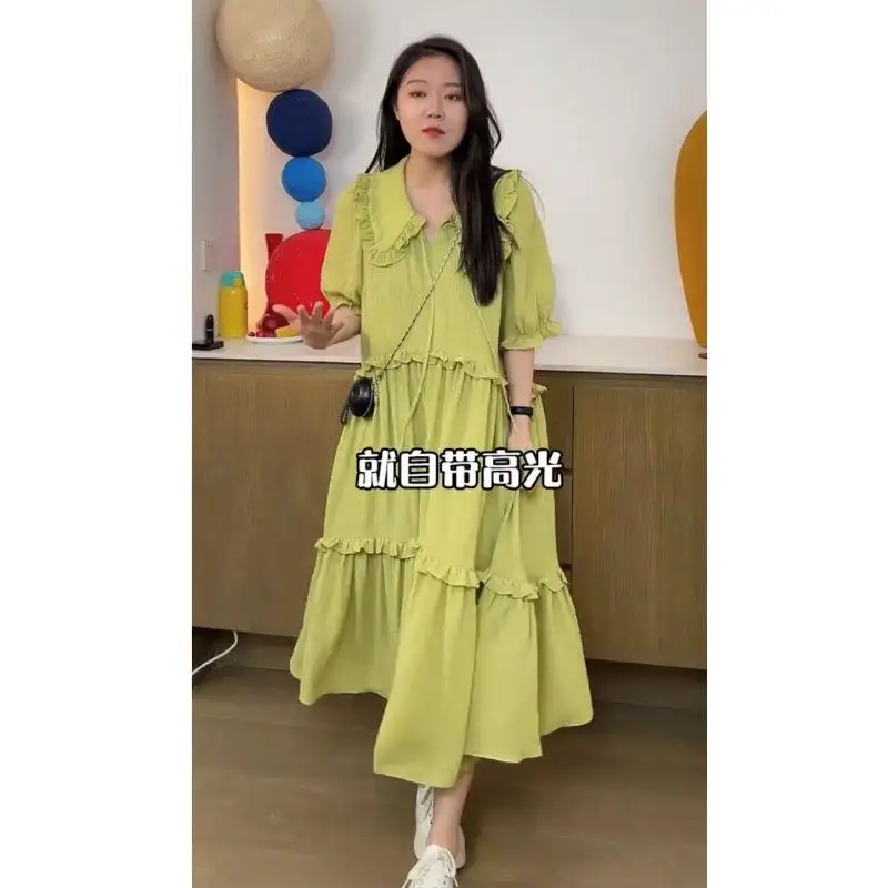 French Retro Loose Long Dress Autumn Women's 2024 New Style Pullover Doll Neck Casual Dress Women's Solid short sleeve D249