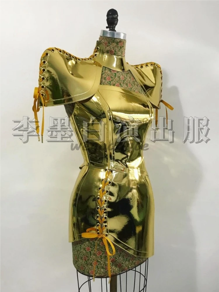 사용자 정의 골드 갑옷 드레스 여성을위한 멋진 메타 미래 감각 섹시한 고고 가수 공연 의상