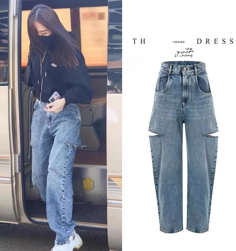 

Джинсы из денима с высокой талией, женские маленькие дизайнерские брюки, весенне-осенние широкие брюки, износостойкие прямые брюки