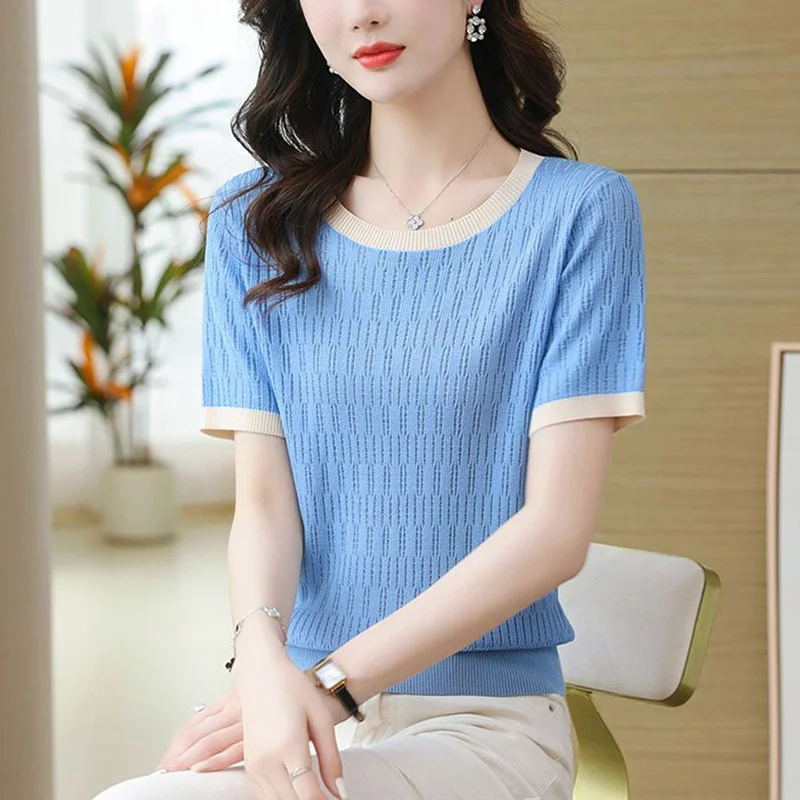 

Summer New Casual Top Tee Commute Tee Shirt Fashion Round Neck Knit Spliced Fake two pieces T-Shirt Women's Clothing 2025