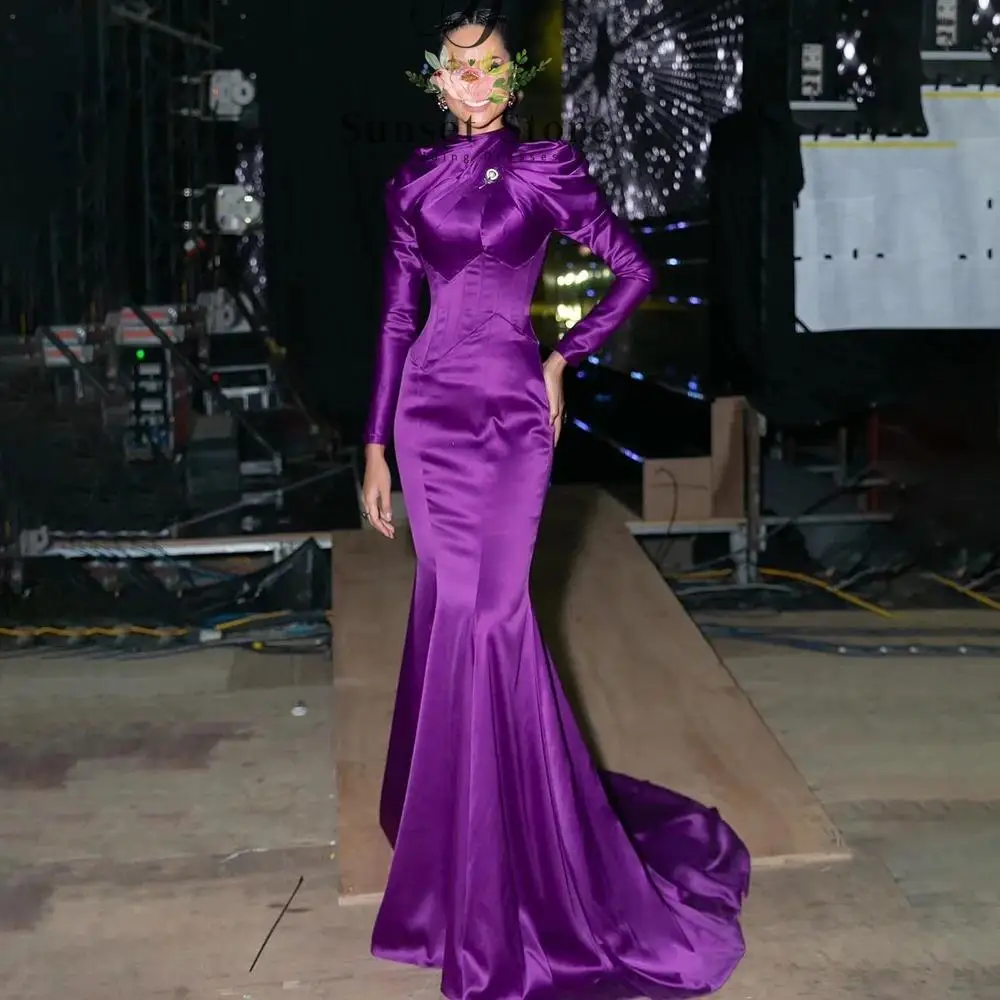 

Customized Evening Dress Customized High Neck Long Sleeves Satin Mermaid Purple Evening Gowns Long Celebrity Party Dresses